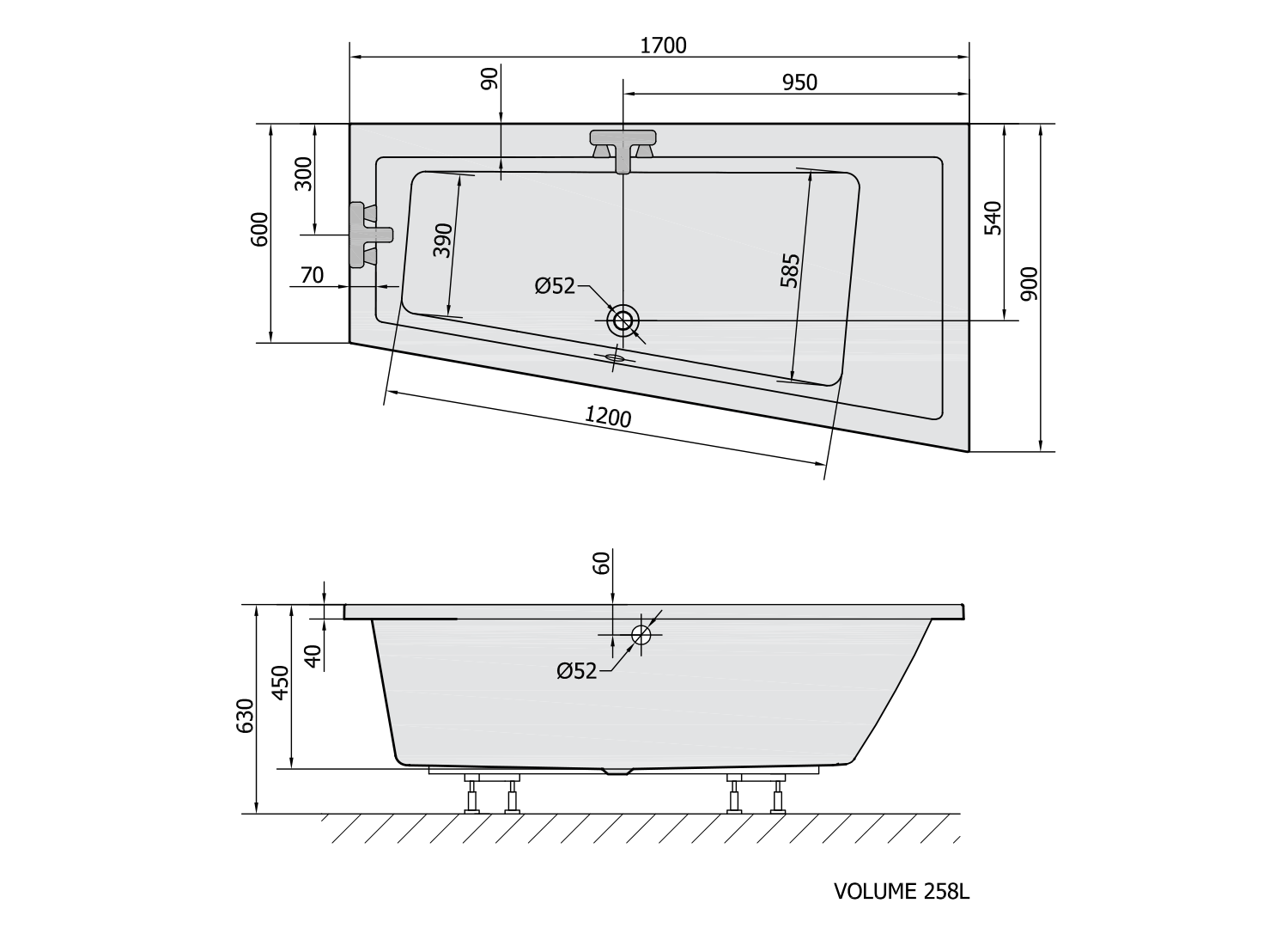 ANDRA R asymmetrische Badewanne 170x90x45cm, rechts, schwarz matt