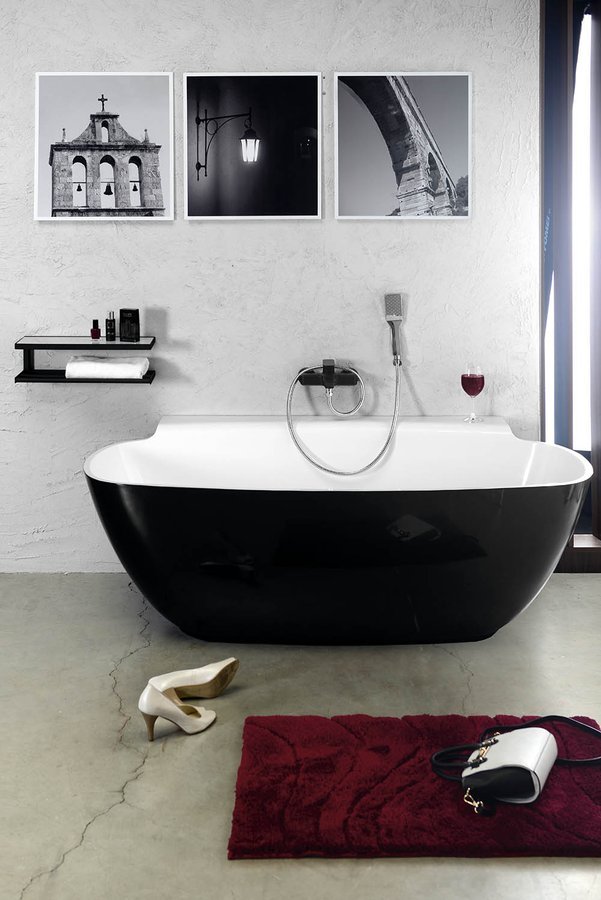 NIGRA Freistehende Gussmarmor-Badewanne 158x80x45cm, schwarz/weiß
