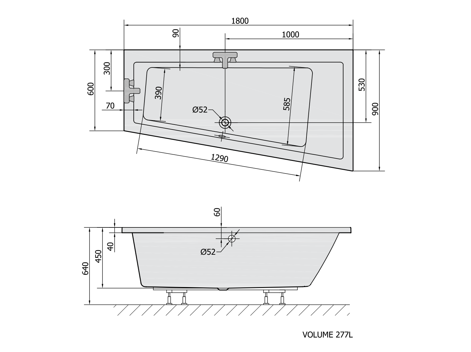 ANDRA R asymmetrische Badewanne 180x90x45cm, rechts, schwarz matt