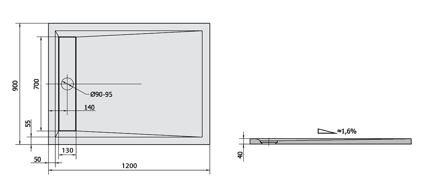 VARESA Gussmarmor-Duschwanne mit Ablaufgarniturdeckel, Rechteck 120x90x4cm