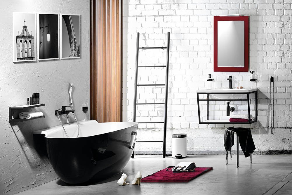 NIGRA Freistehende Gussmarmor-Badewanne 158x80x45cm, schwarz/weiß