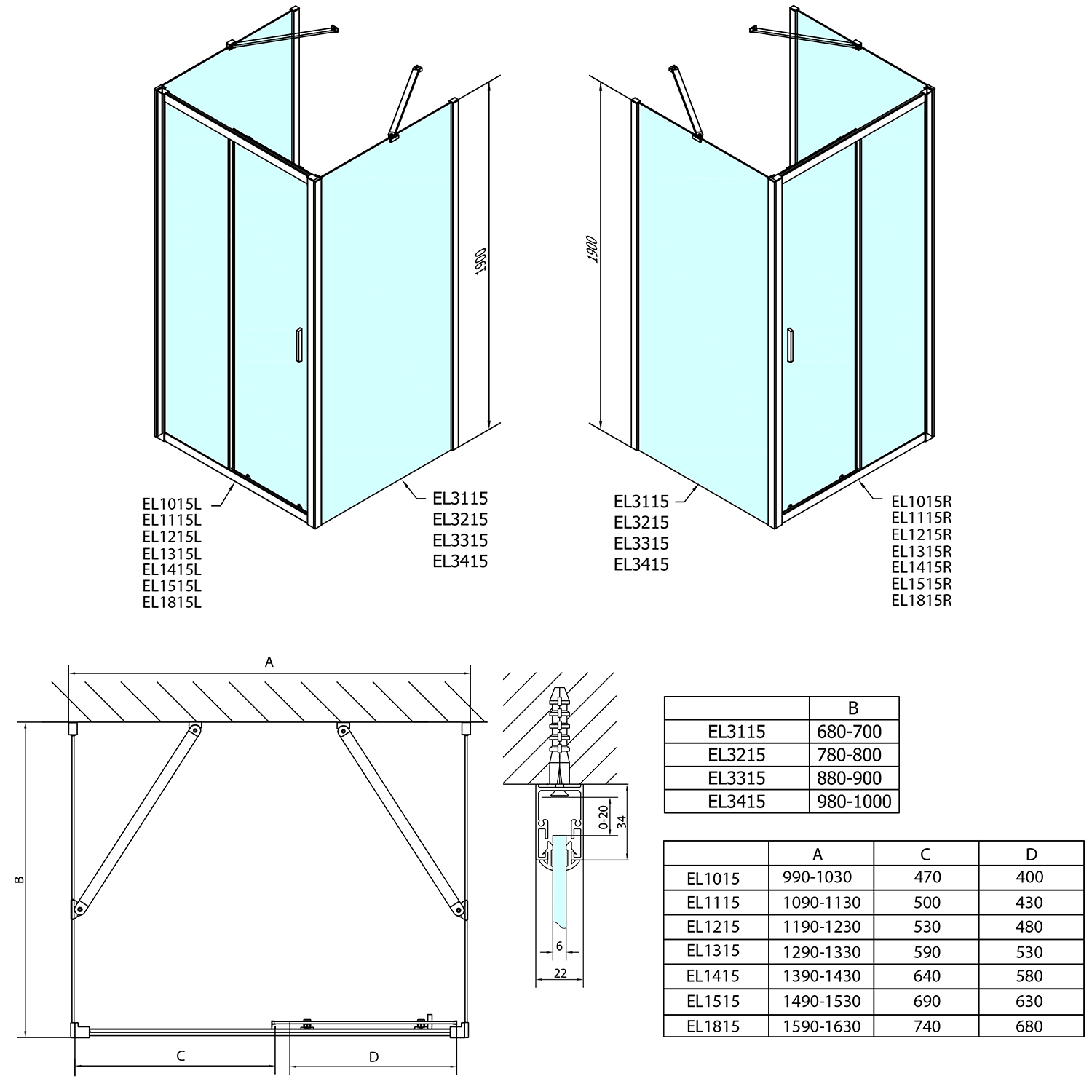 EASY LINE Duschkabine drei Wänden 1600x700mm, L/R Variante, Klarglas
