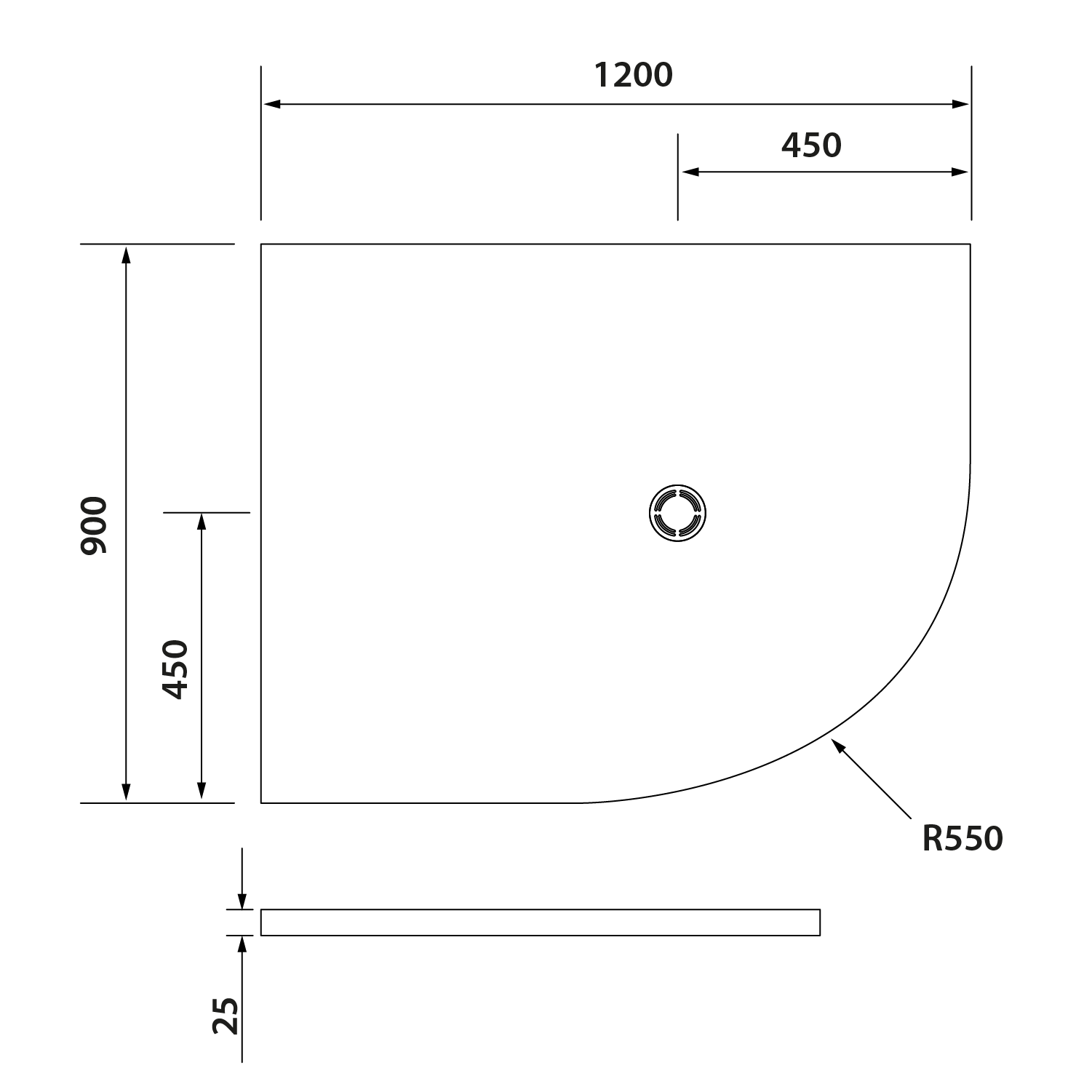 FLEXIA Gussmarmor-Duschwanne Viertelkreis, Verkürzungsmöglichkeit, 120x90x2,5cm, R550, links