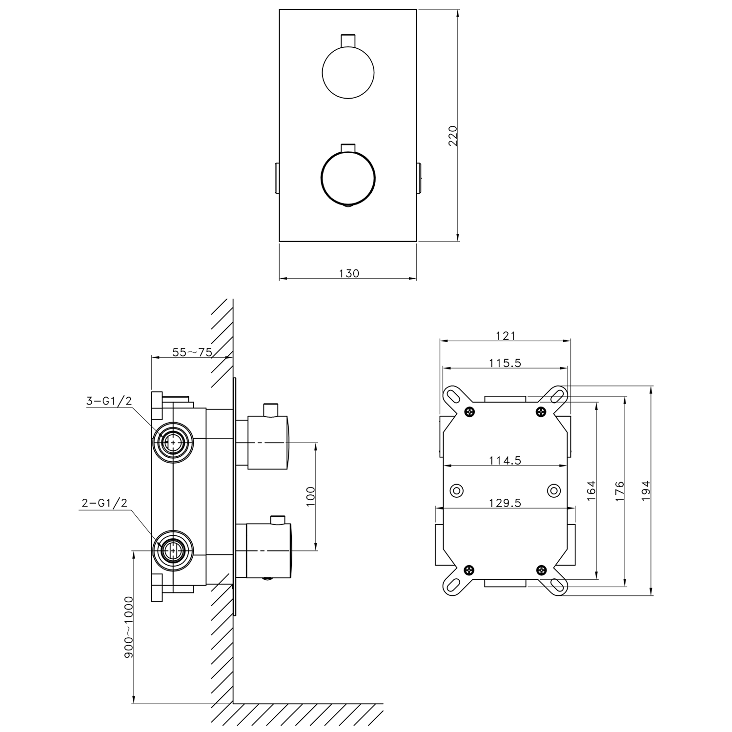 KIMURA Thermostat-Unterputz Duscharmatur, Box, 3 Wege, Chrom