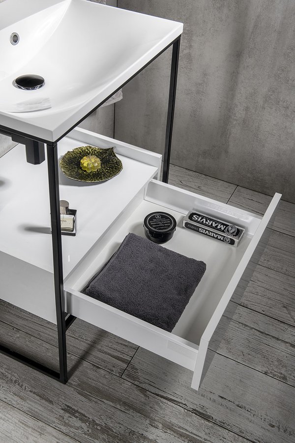 SKA Waschbecken Konsole mit Schublade 600x850x460mm, matt schwarz/weiß glänzend