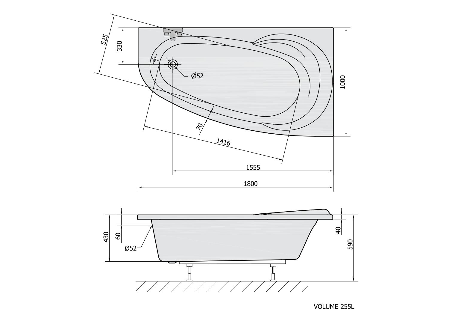 NAOS R asymmetrische Badewanne 180x100x43cm, rechts, weiß