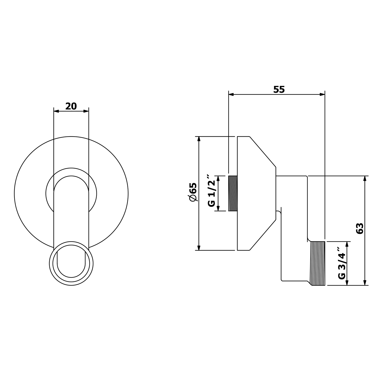 Exzenter mit verchromter Abdeckrosette für 1/2 "x 3/4" - 100 (150) mm, Stck