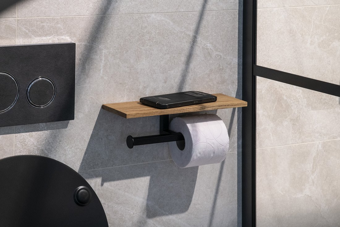 SKA Doppel-Toilettenpapierhalter mit Ablage 30x8x10cm, schwarz matt/Eiche