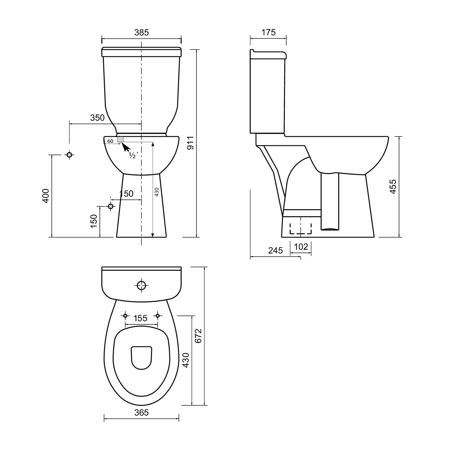 Kombi-WC erhöht, 36,3x67,2cm, Abgang senkrecht