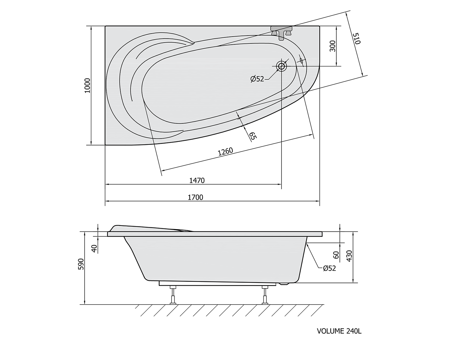 NAOS L asymmetrische Badewanne 170x100x43cm links, weiß