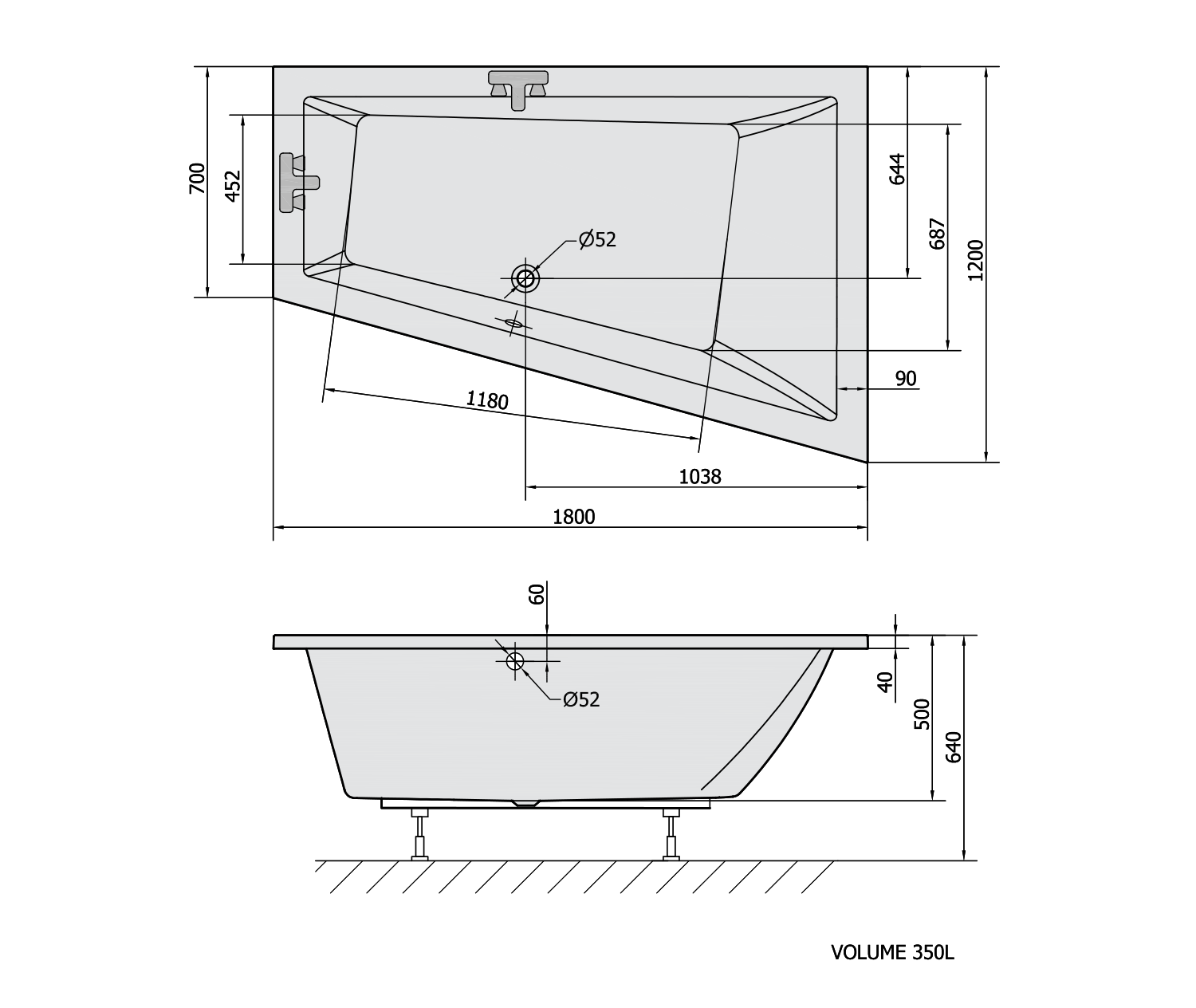 TRIANGL R asymmetrische Badewanne 180x120x50cm, rechts, weiß