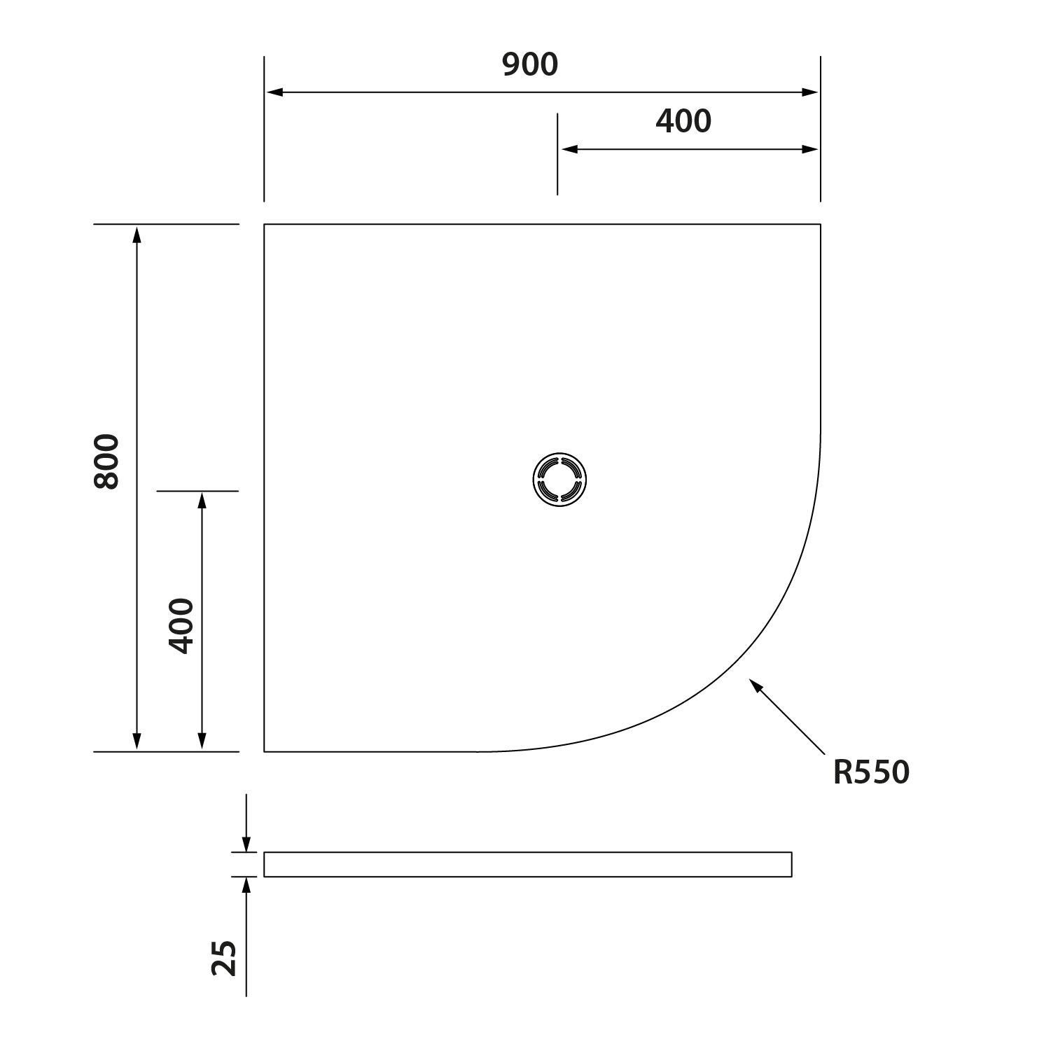 FLEXIA Gussmarmor-Duschwanne Viertelkreis, Verkürzungsmöglichkeit, 90x80x2,5cm, R550, links