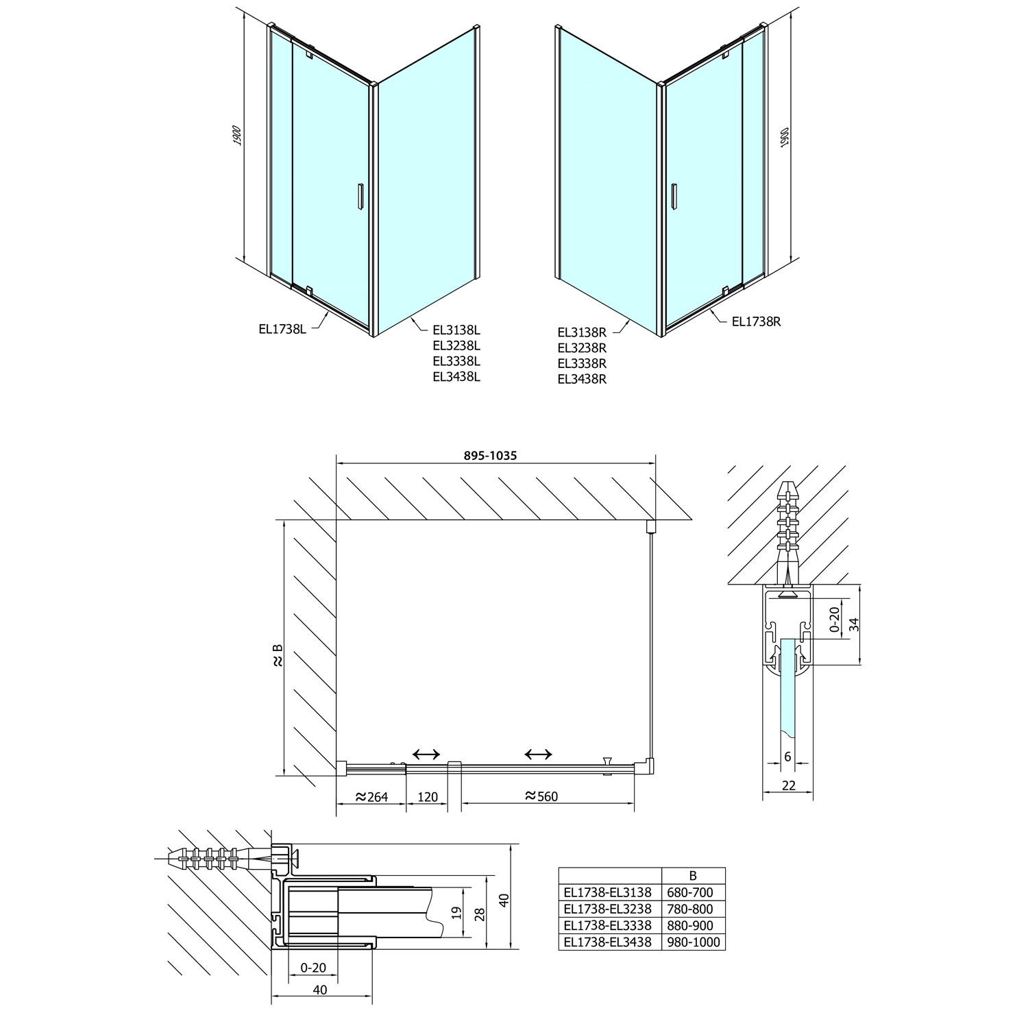 Easy Line Rechteckige/Quadrat Duschkabine Drehtür 900-1000x900mm L/R Variante,brick glas