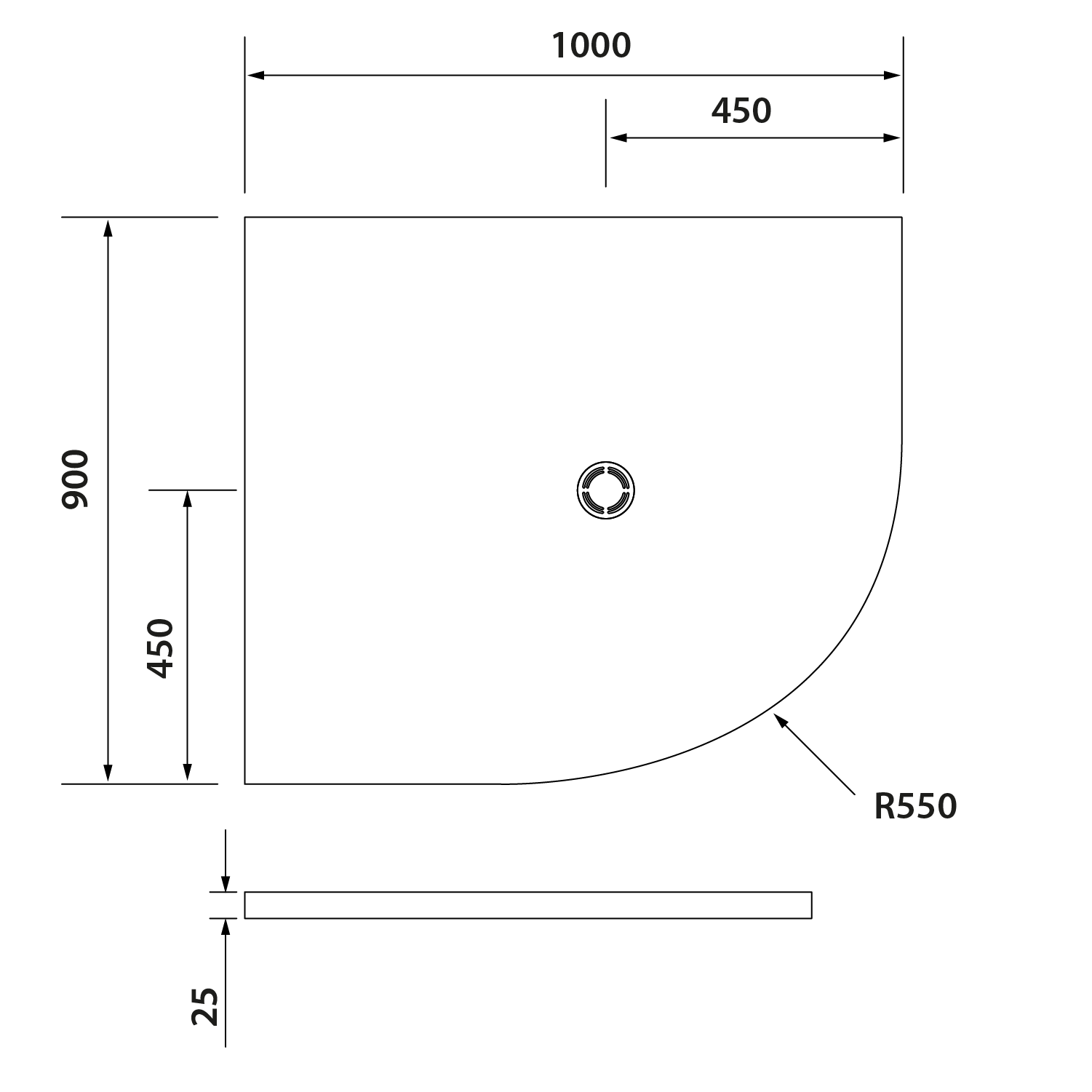 FLEXIA Gussmarmor-Duschwanne Viertelkreis, Verkürzungsmöglichkeit, 100x90x2,5cm, R550, links