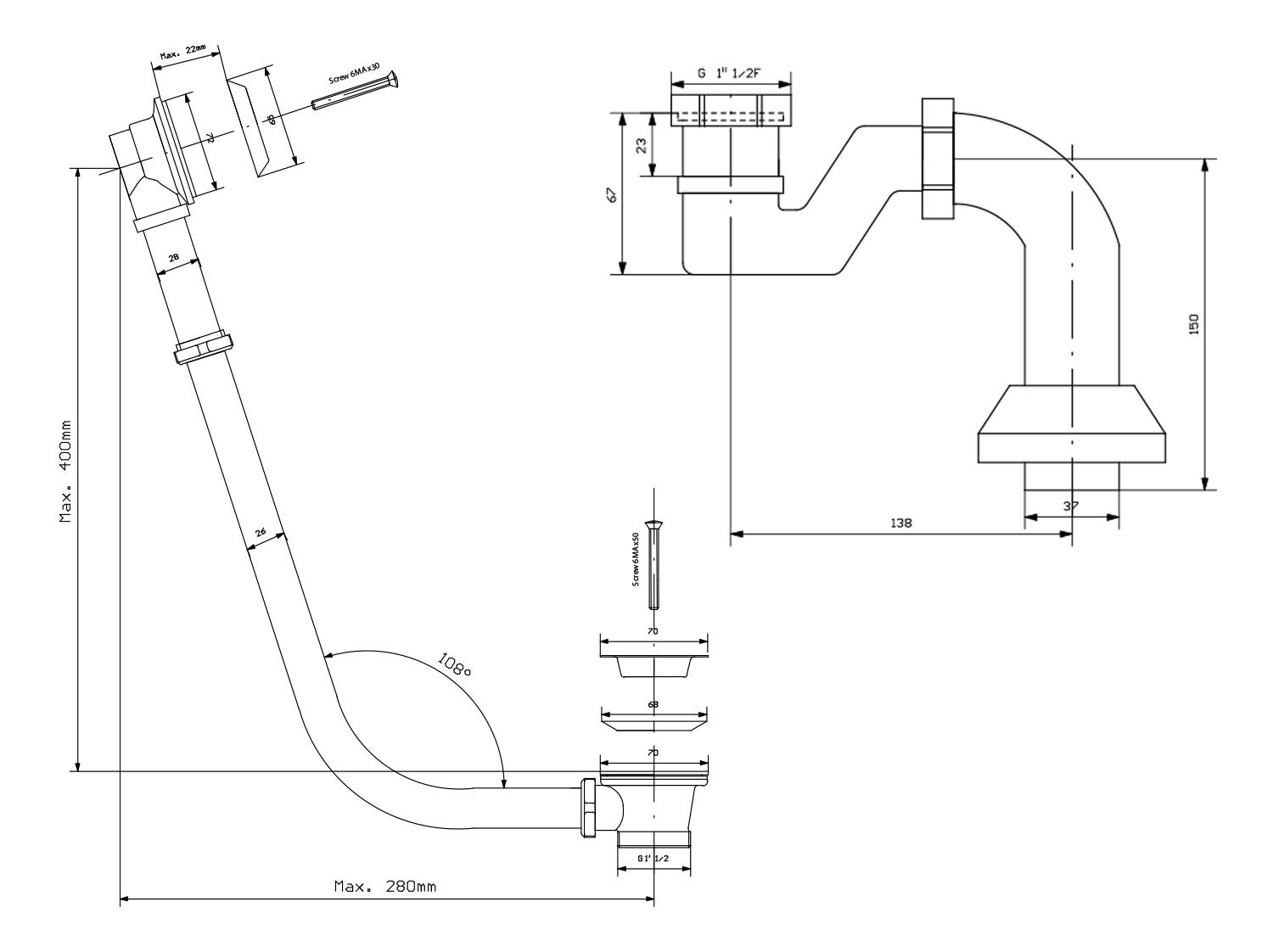 RETRO Ablaufgarnitur für Außeninstallation, mit Kette, inkl. Siphon, bronze