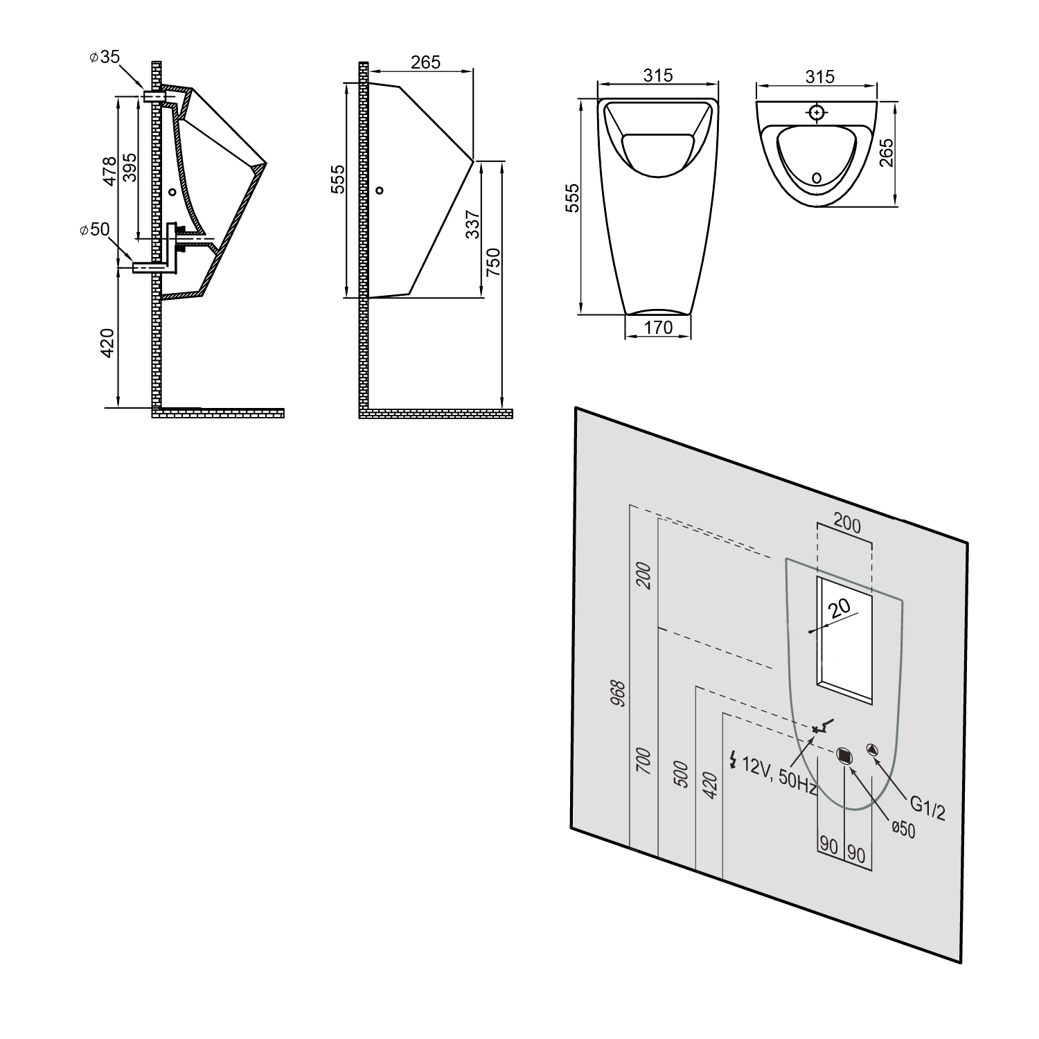 SCHWARN Selbstspülendes Urinal 6V DC, verdeckter Wasseranschluss