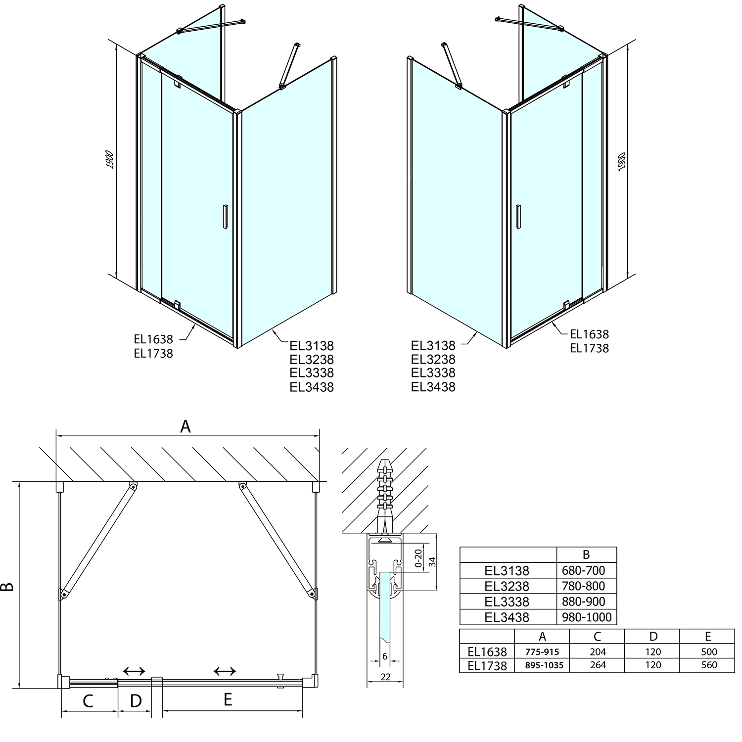 EASY LINE Duschkabine drei Wänden 800-900x700mm, Drehtür, L/R Variante, Brick glas