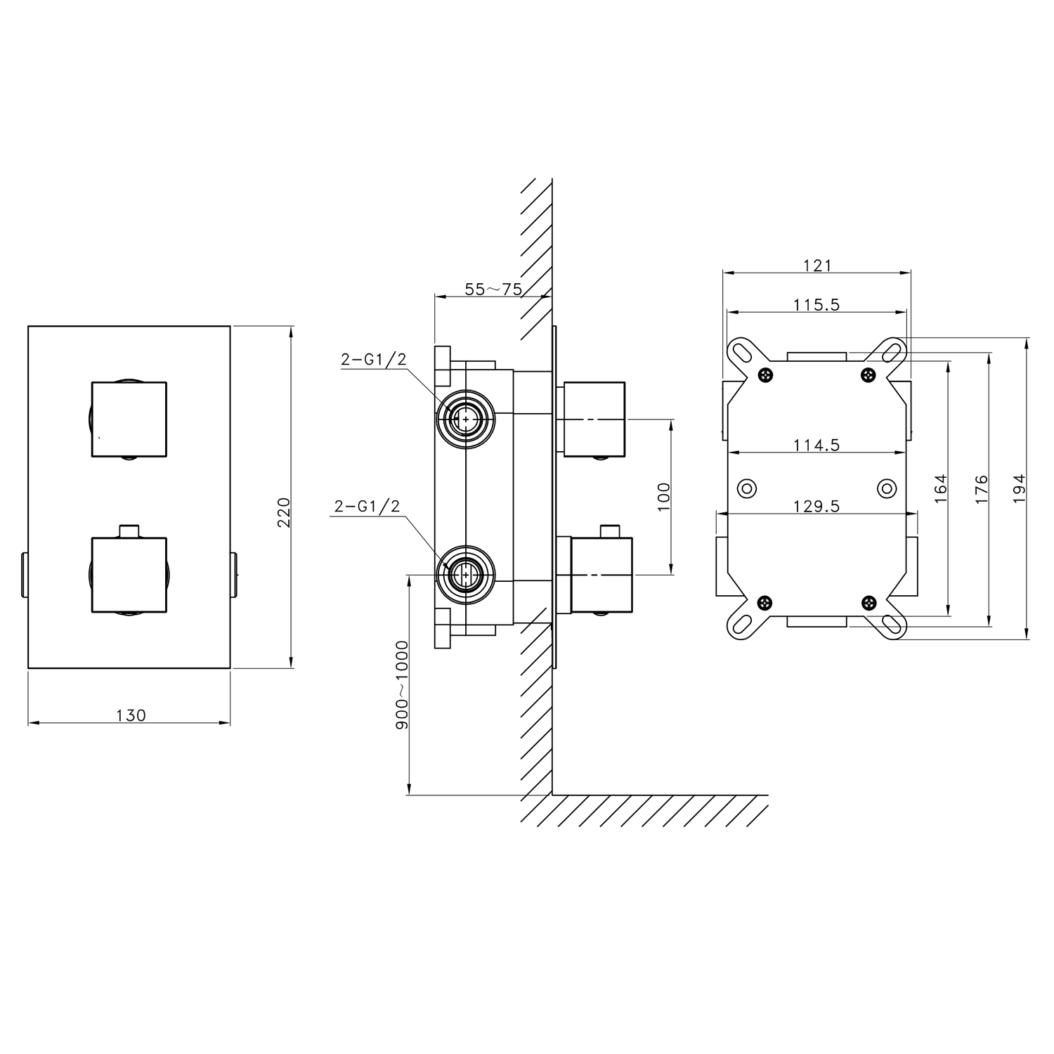 LATUS Thermostat-Unterputz Duscharmatur, Einbau-Box, 2 Wege, Chrom