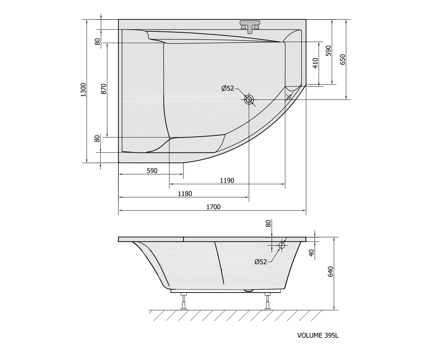 TANDEM asymmetrische Badewanne 170x130x50cm, links, weiß