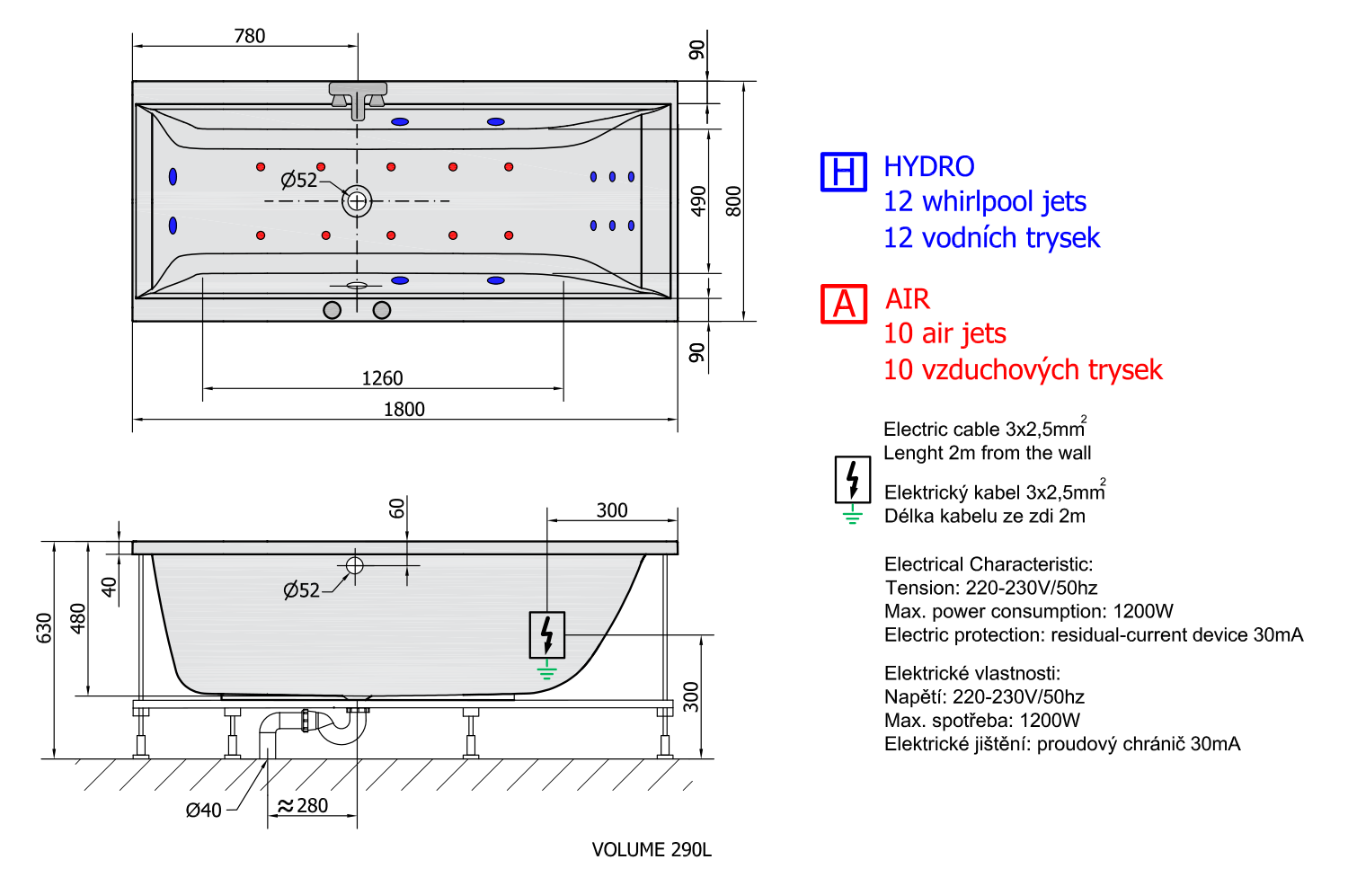 CLEO HYDRO-AIR Hydromassage-Badewanne, 180x80x48cm, weiss