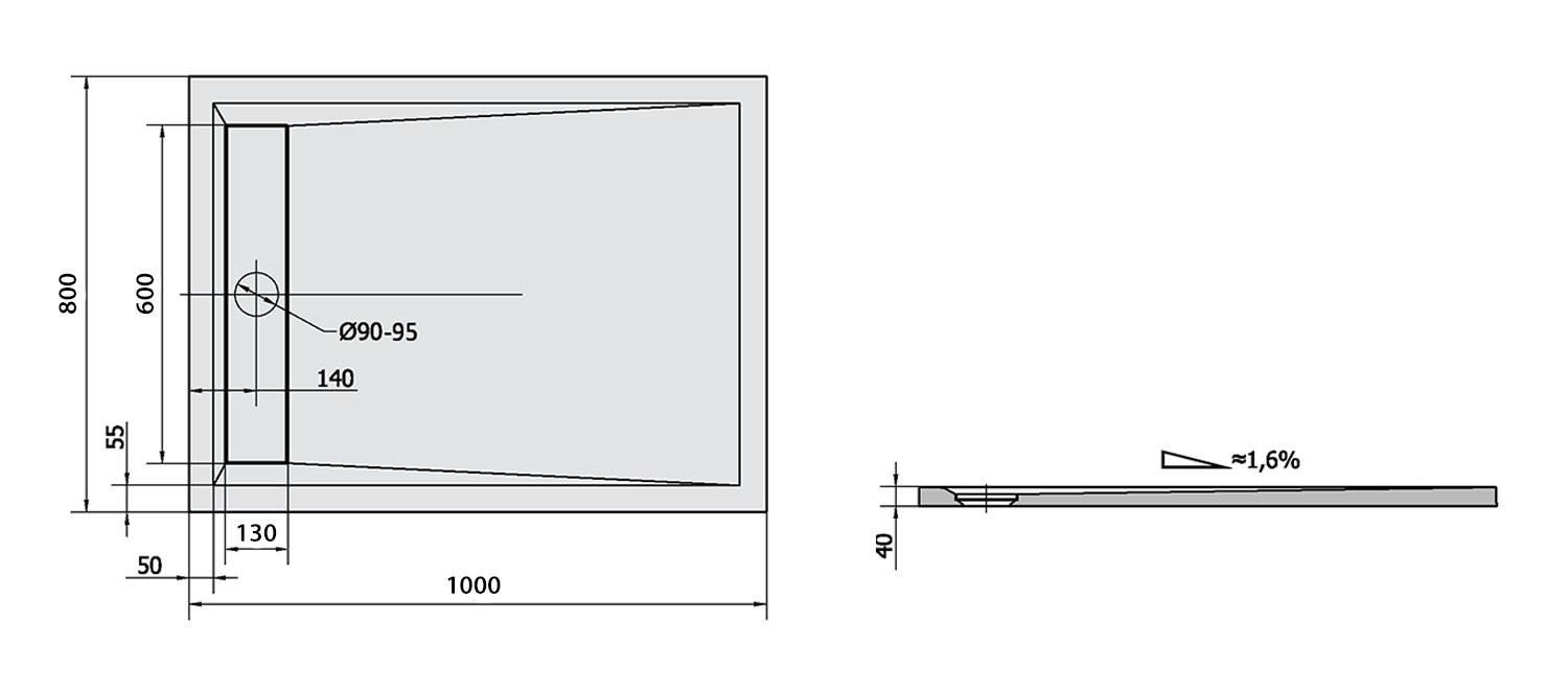 VARESA Gussmarmor-Duschwanne mit Ablaufgarniturdeckel, Rechteck 100x80x4cm