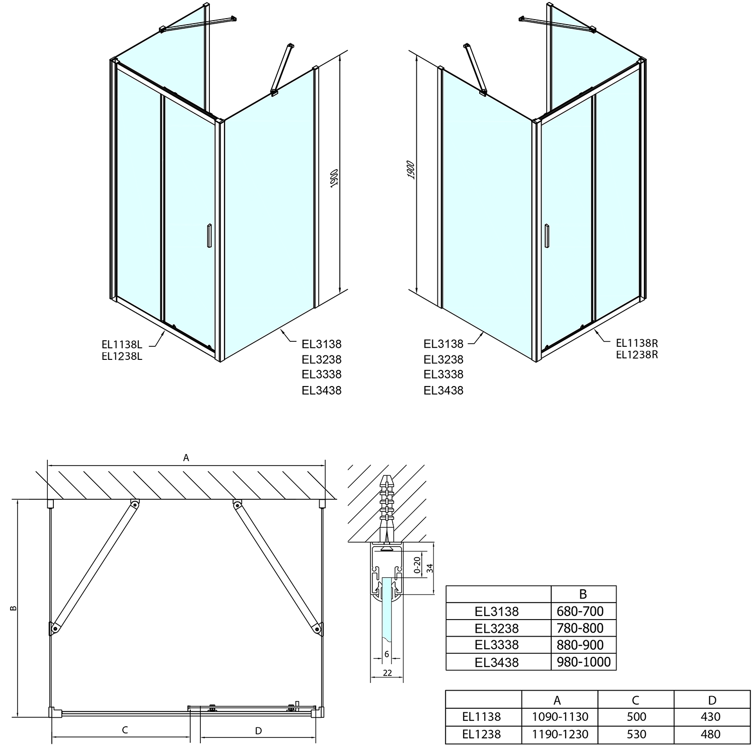 EASY LINE Duschkabine drei Wänden 1200x800mm, L/R Variante, Brick glas