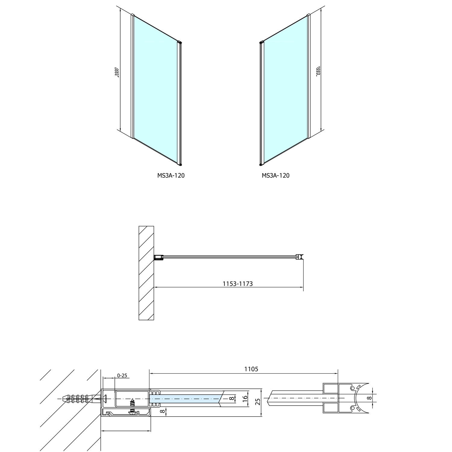 MODULAR SHOWER Glaswand für Wandmontage, für Drehtür-Montage, 1200 mm