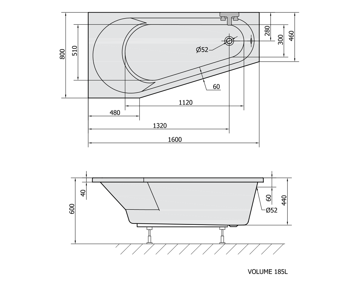 PROJEKTA L asymmetrische Badewanne 160x80x44cm, links, weiß