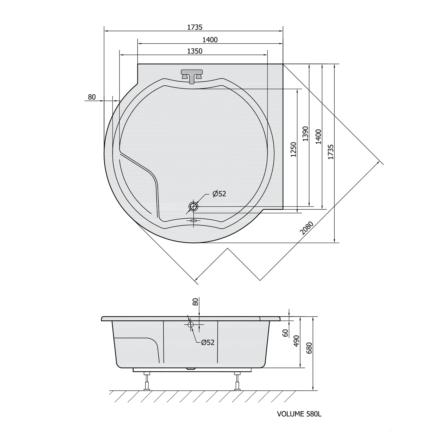 ROYAL CORNER Badewanne mit Rahmengestell, rund, 172x172x49cm, weiß