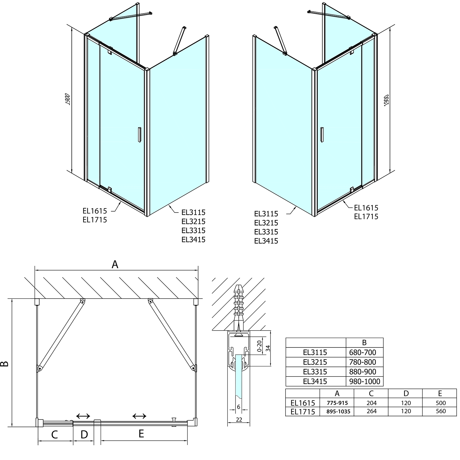 EASY LINE Duschkabine drei Wänden 900-1000x1000mm, Drehtür, L/R Variante, Klarglas