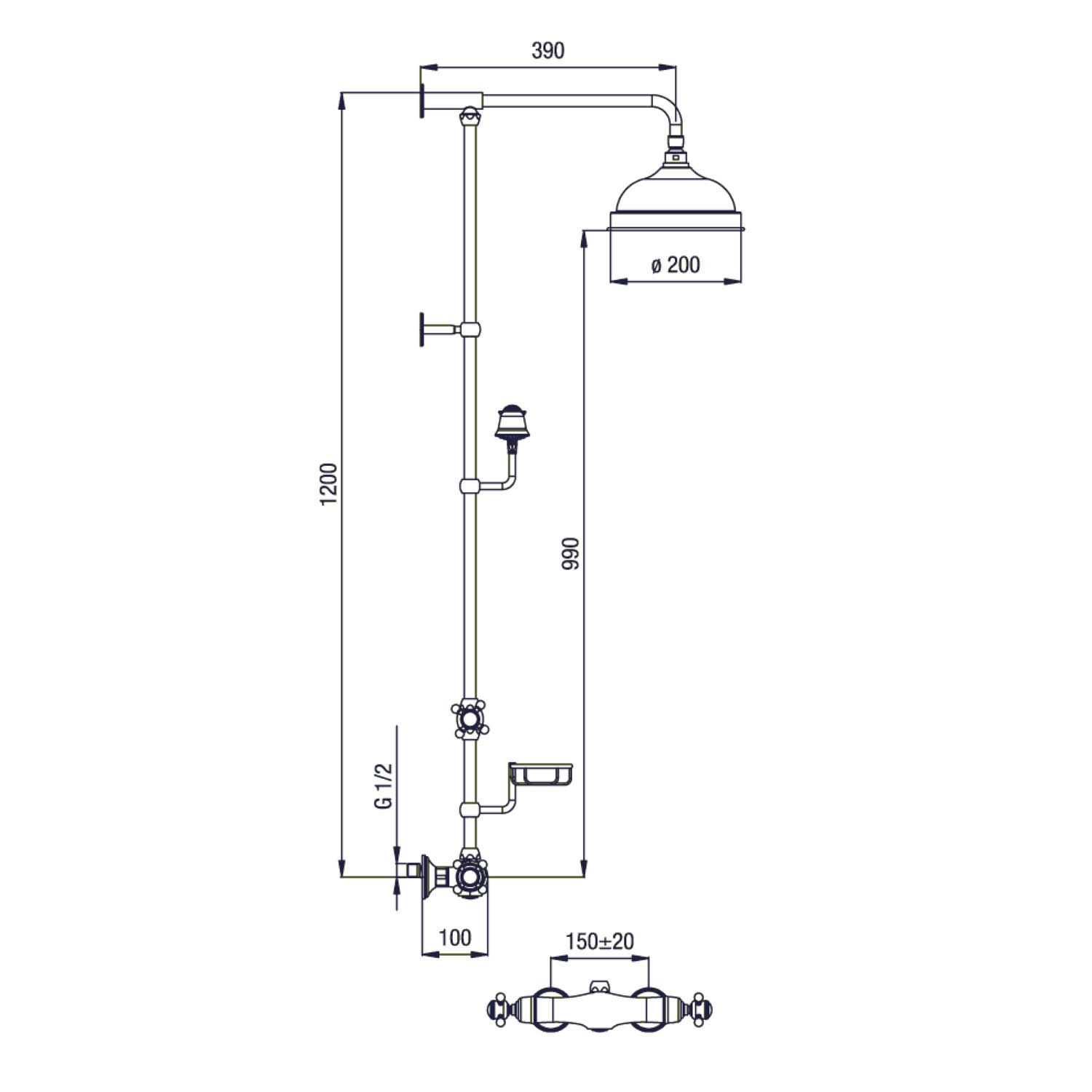 SASSARI Thermostat-Duschsäule mit Seifenschale Höhe 1200mm, bronze