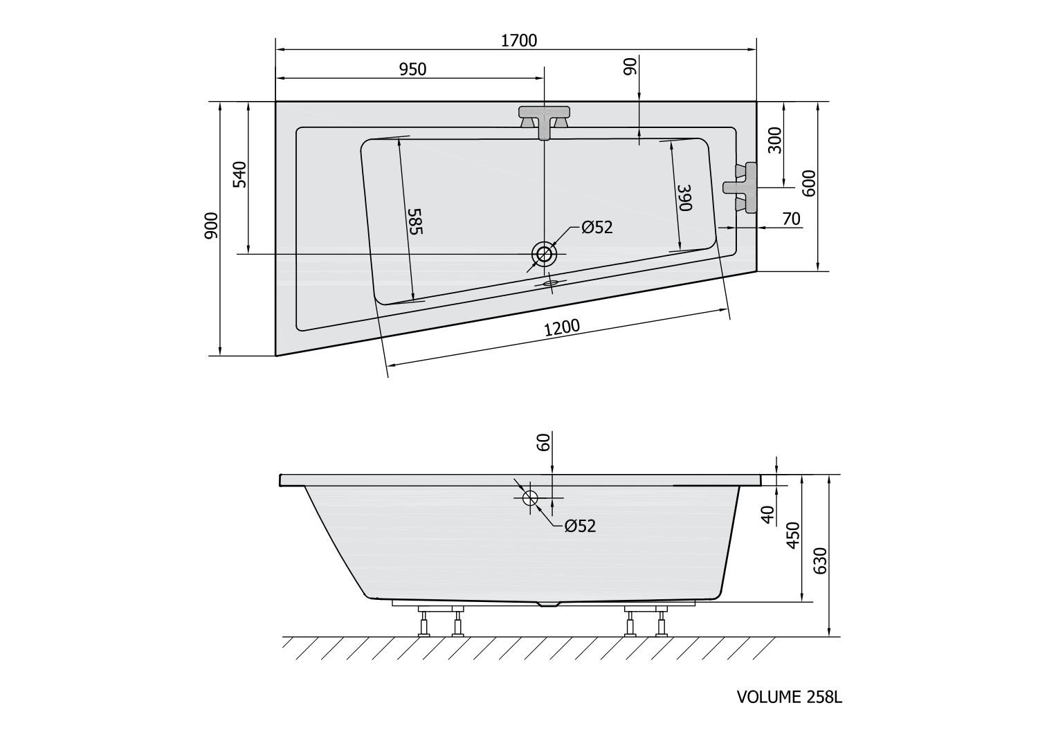 ANDRA L asymmetrische Badewanne 170x90x45cm, links, schwarz matt
