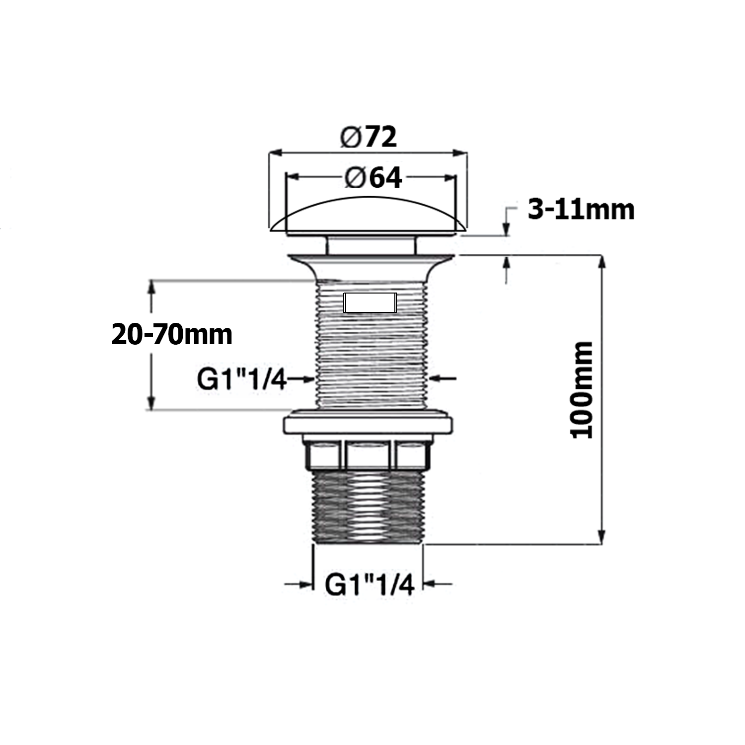 Ablaufgarnitur 5/4“ click-clack, Keramik Stopfen, H.20-70mm, weiss