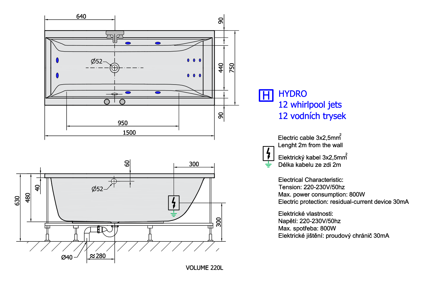 CLEO HYDRO Hydromassage-Badewanne, 150x75x48cm, weiss