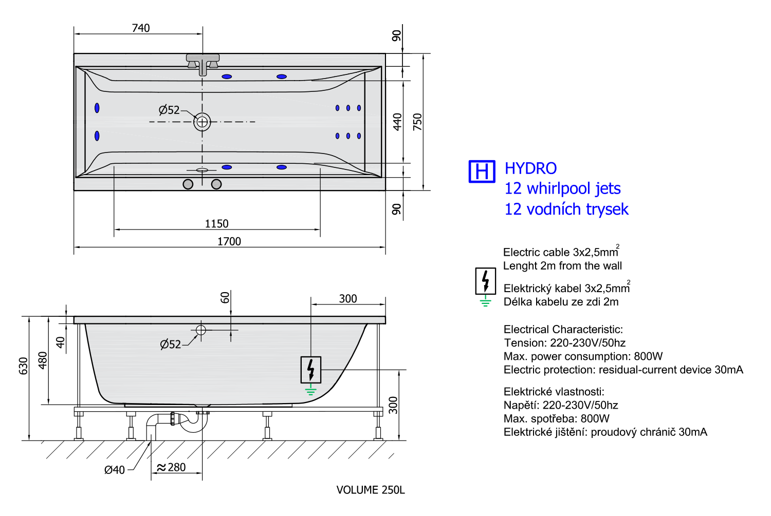 CLEO HYDRO Hydromassage-Badewanne, 170x75x48cm, weiss