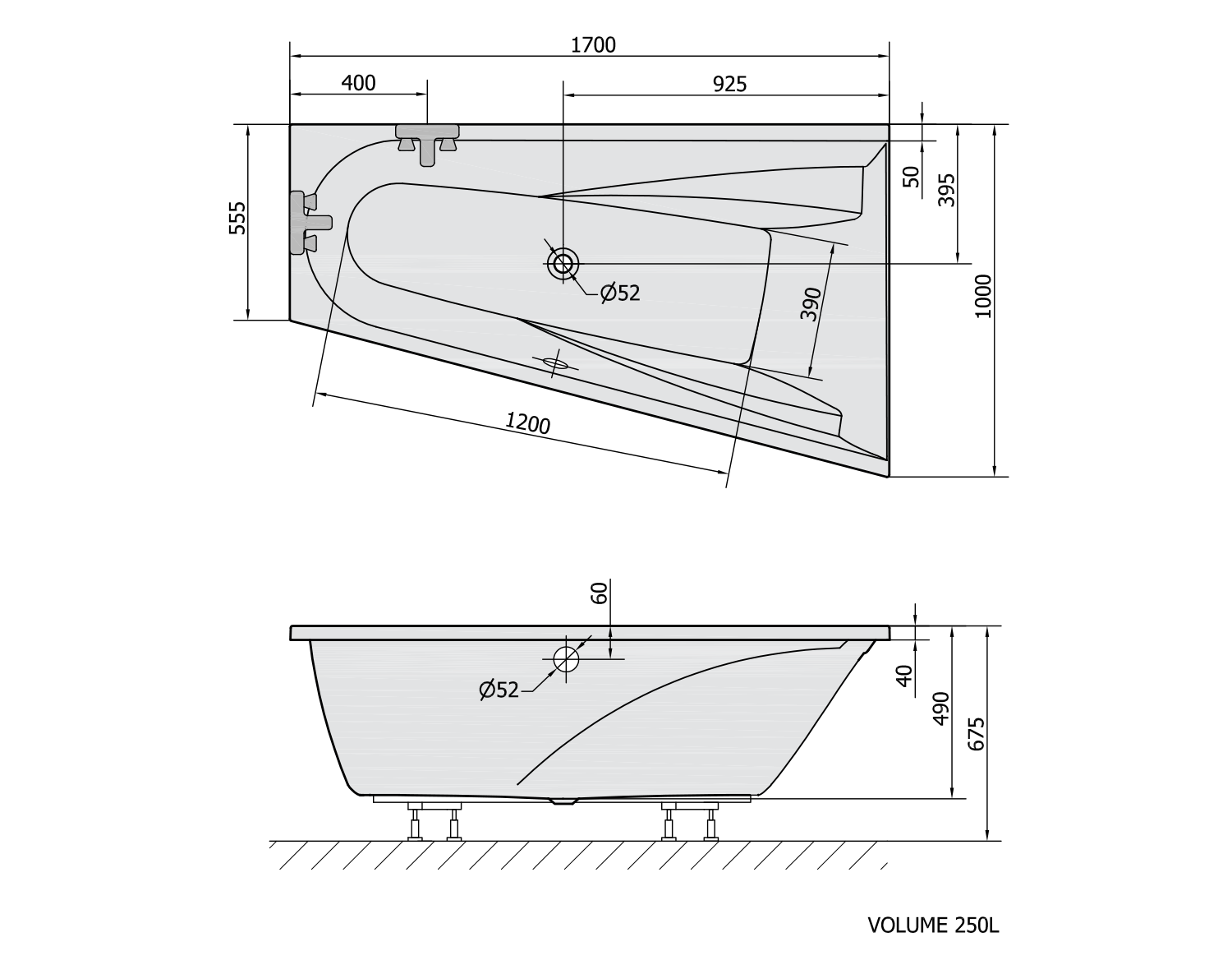 CHIQUITA R asymmetrische Badewanne 170x100x45cm, weiß