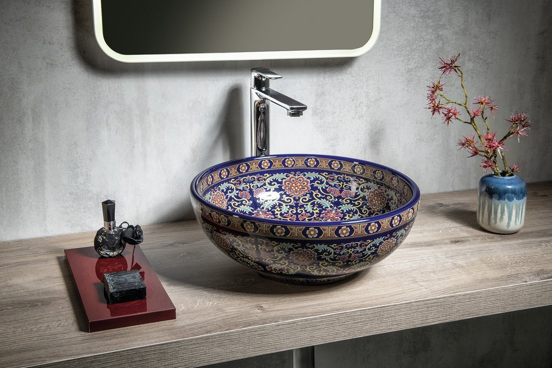 PRIORI Keramik-Waschtisch, Durchmesser 41 cm, 15 cm, Lila mit Ornamenten