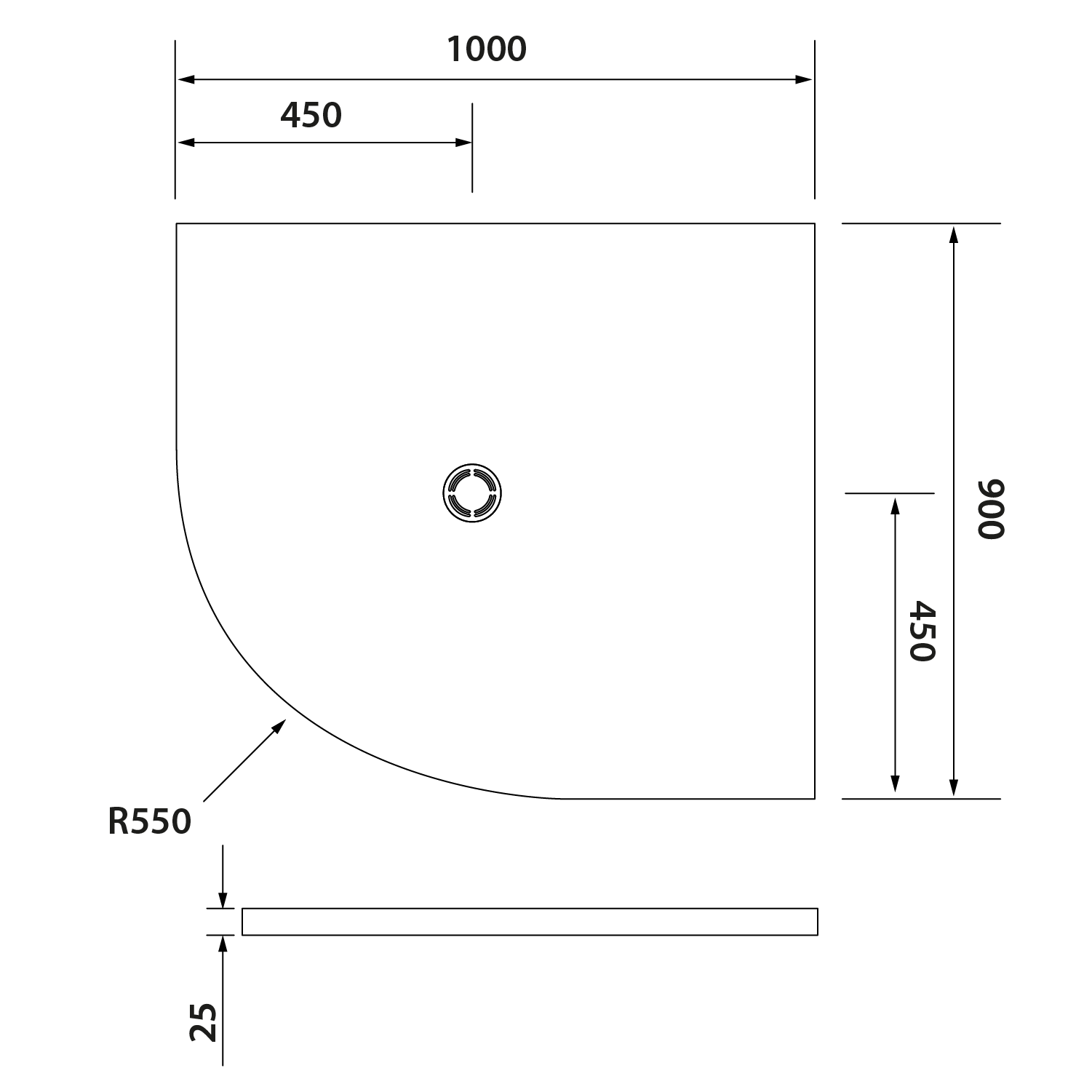 FLEXIA Gussmarmor-Duschwanne Viertelkreis, Verkürzungsmöglichkeit, 100x90x2,5cm, R550, rechts