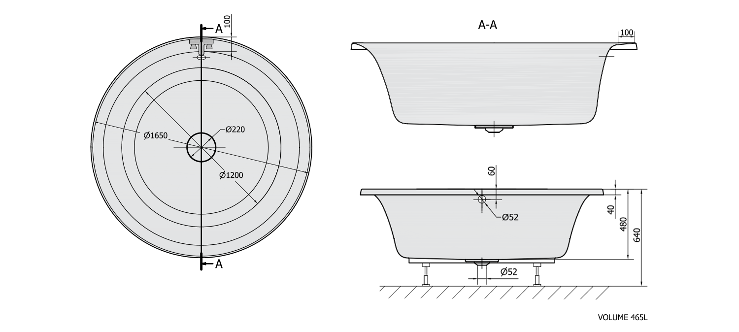 OBLO Badewanne mit Rahmengestell, rund, 165x48cm, weiß