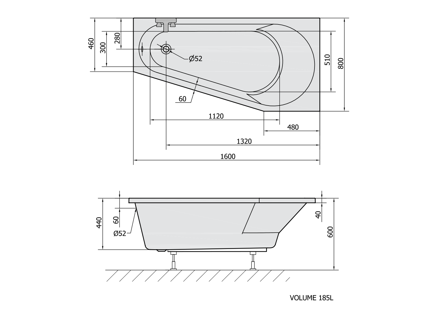 PROJEKTA R asymmetrische Badewanne 160x80x44cm, rechts, weiß