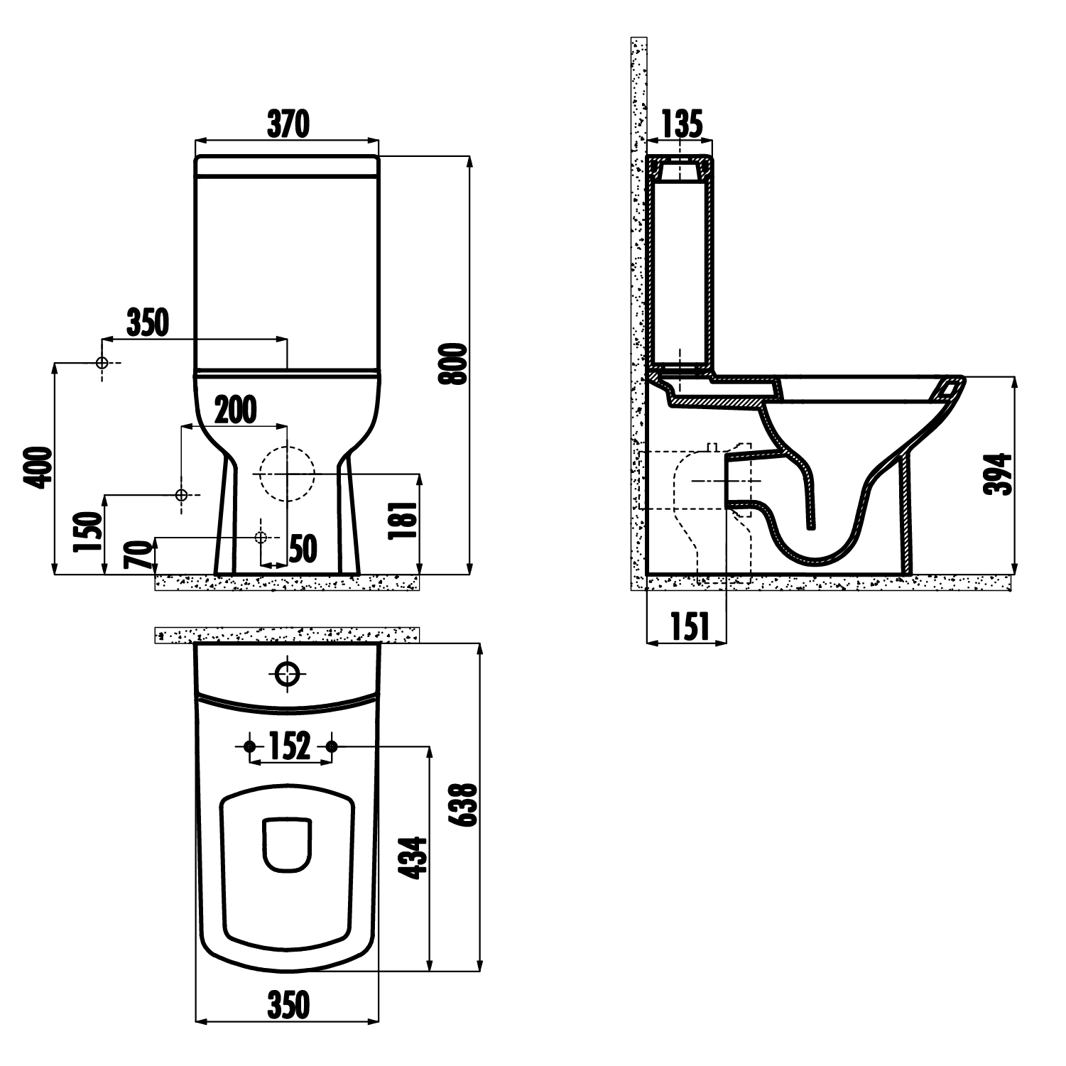 LARA Kombi-WC, Abgang senkrecht/waagerecht, Spülgarnitur, schwarz matt