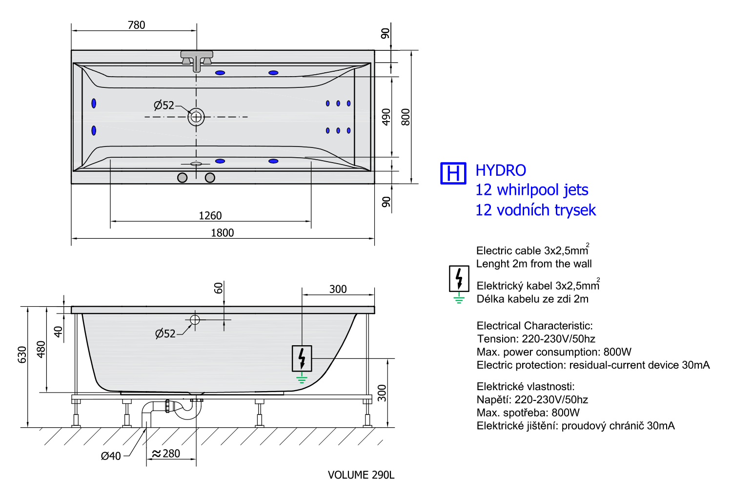 CLEO HYDRO Hydromassage-Badewanne, 180x80x48cm, weiss