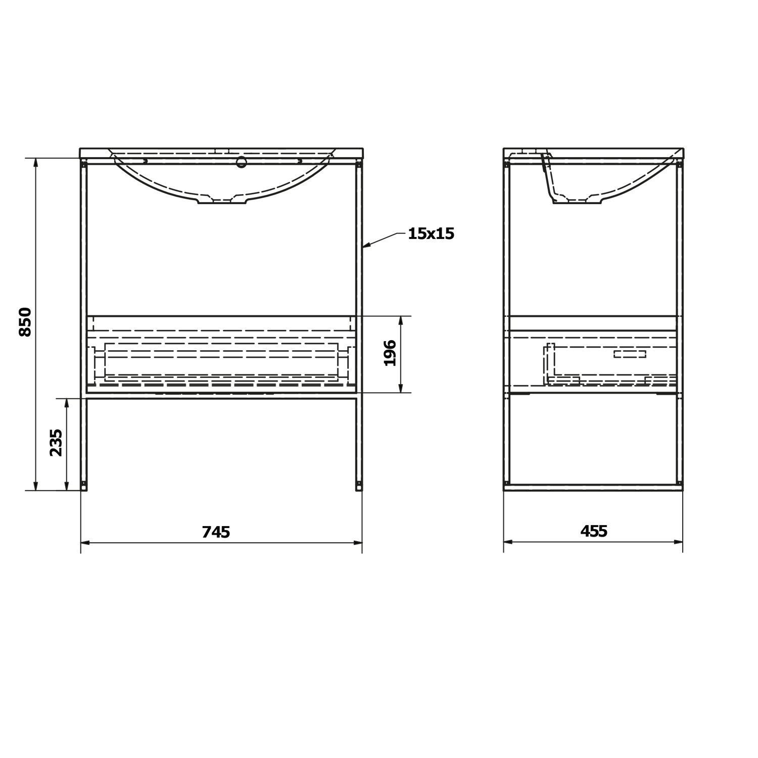 SKA Waschbecken Konsole mit Schublade 750x850x460mm, matt schwarz/weiß glänzend