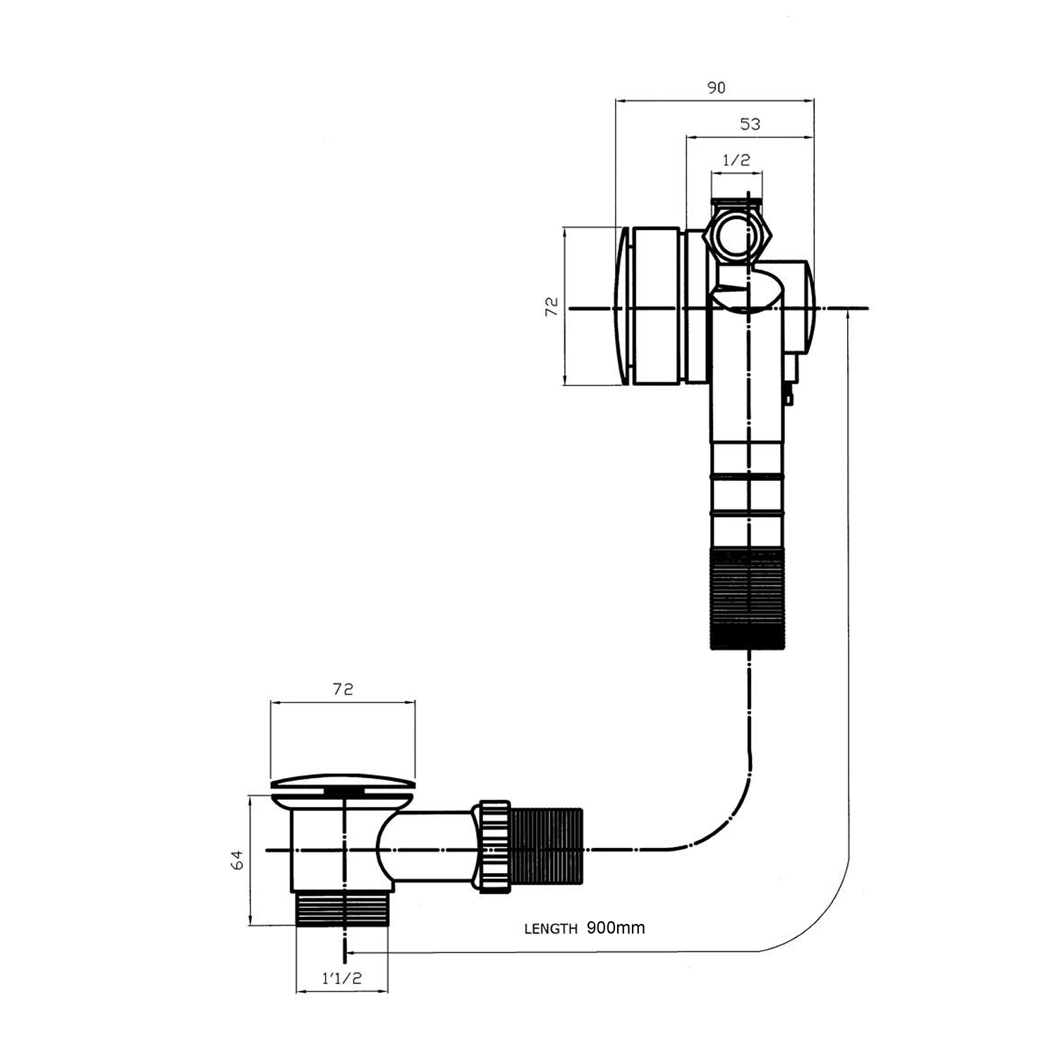 SENATOR Ablaufgarnitur mit Einlauf, klick-klack, L. 900mm,Stopfen 72mm,Edelstahl