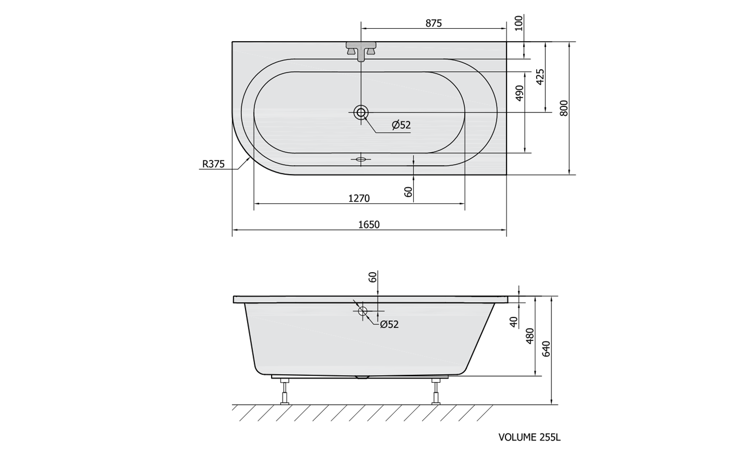 ASTRA R asymmetrische Badewanne 165x80x48cm rechts, weiß