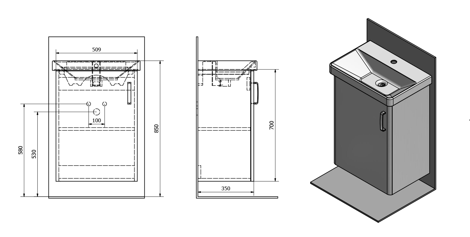 THEIA Unterschrank 51x70x35cm, 1x Tür, links, Silbereiche (TH058)