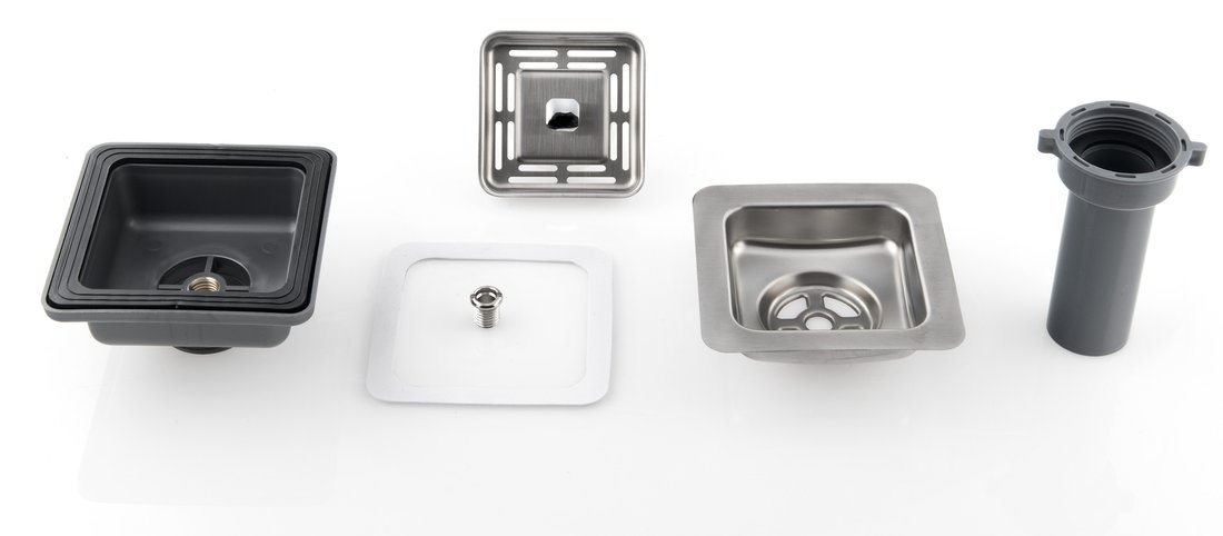 Küchenspüle-Ablaufgarnitur mit quadratischem Sieb 6/4“, Edelstahl-Gitter 114x114 mm