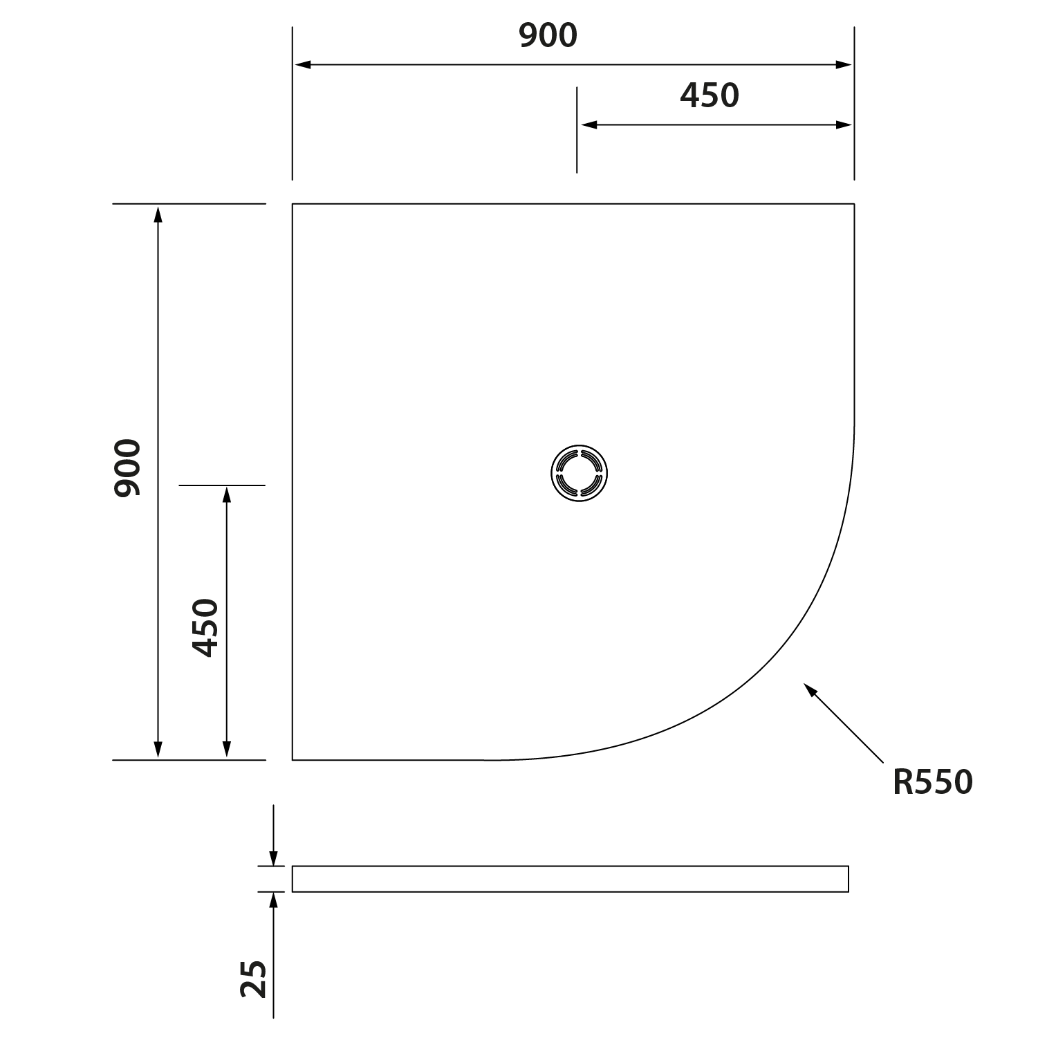 FLEXIA Gussmarmor-Duschwanne Viertelkreis, Verkürzungsmöglichkeit, 90x90x2,5cm, R550