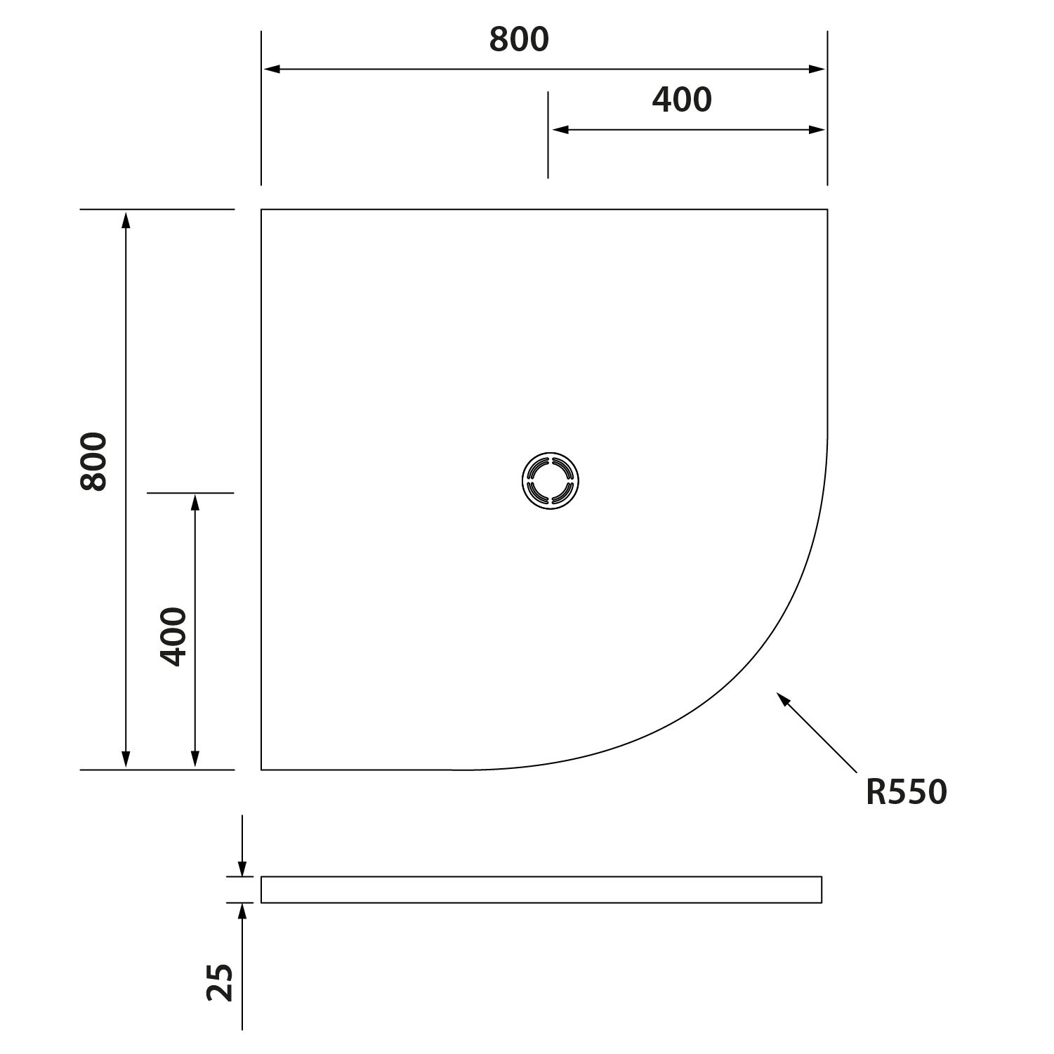 FLEXIA Gussmarmor-Duschwanne Viertelkreis, Verkürzungsmöglichkeit, 80x80x2,5cm, R550