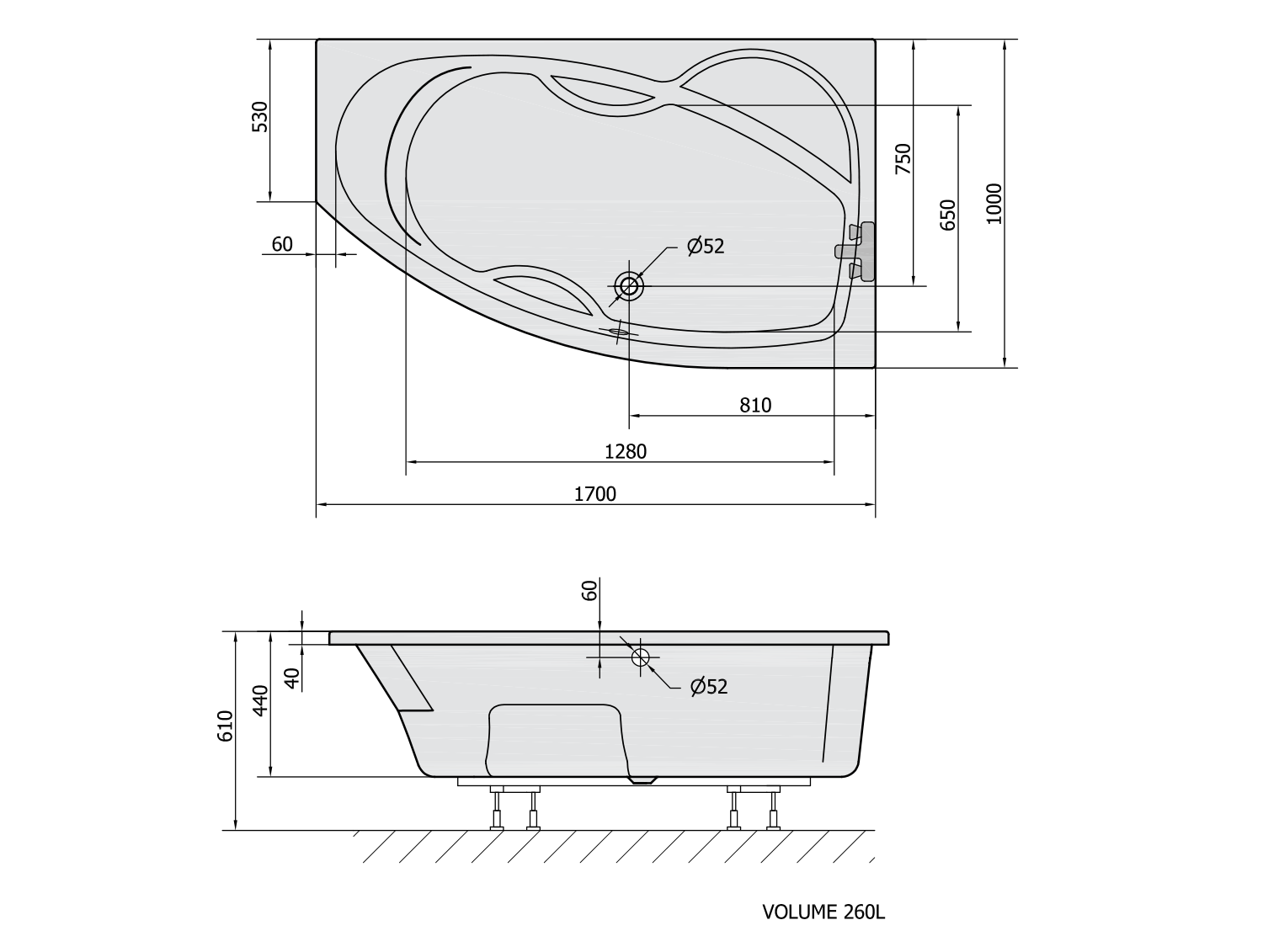 MAMBA R asymmetrische Badewanne 170x100x44cm, rechts, weiß